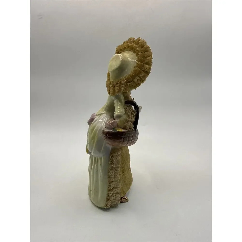 Vintage Porcelain Lace Lady Figurine 6” Victorian Woman Yellow Dress Bonnet *